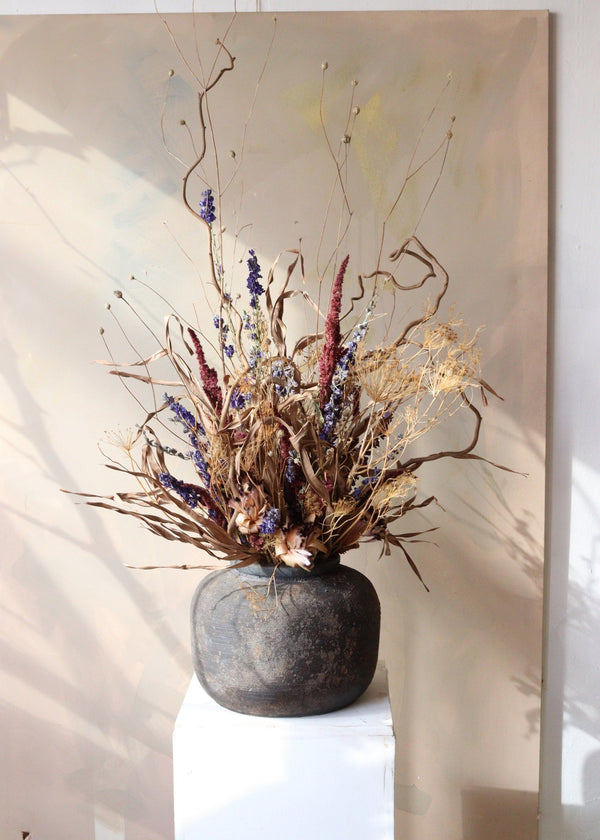 Dried Flower Arrangement - Blue & Purple with Black Vase - Design by Nature Flowers -