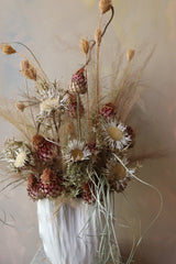 LUXURY DRIED FLOWER ARRANGEMENT - NATURAL WILD THISTLE TONES WITH CREAM VASE