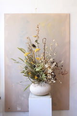 LUXURY DRIED FLOWER ARRANGEMENT - NATURAL GREEn, YELLOW AND WHITE WITH BEIGE VASE