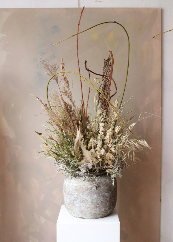 Dried Flower Arrangement - White and green flowers in stone vase - Design by Nature Flowers - Dried Flowers