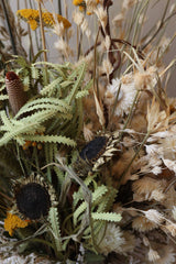 LUXURY DRIED FLOWER ARRANGEMENT - NATURAL GREEn, YELLOW AND WHITE WITH BEIGE VASE