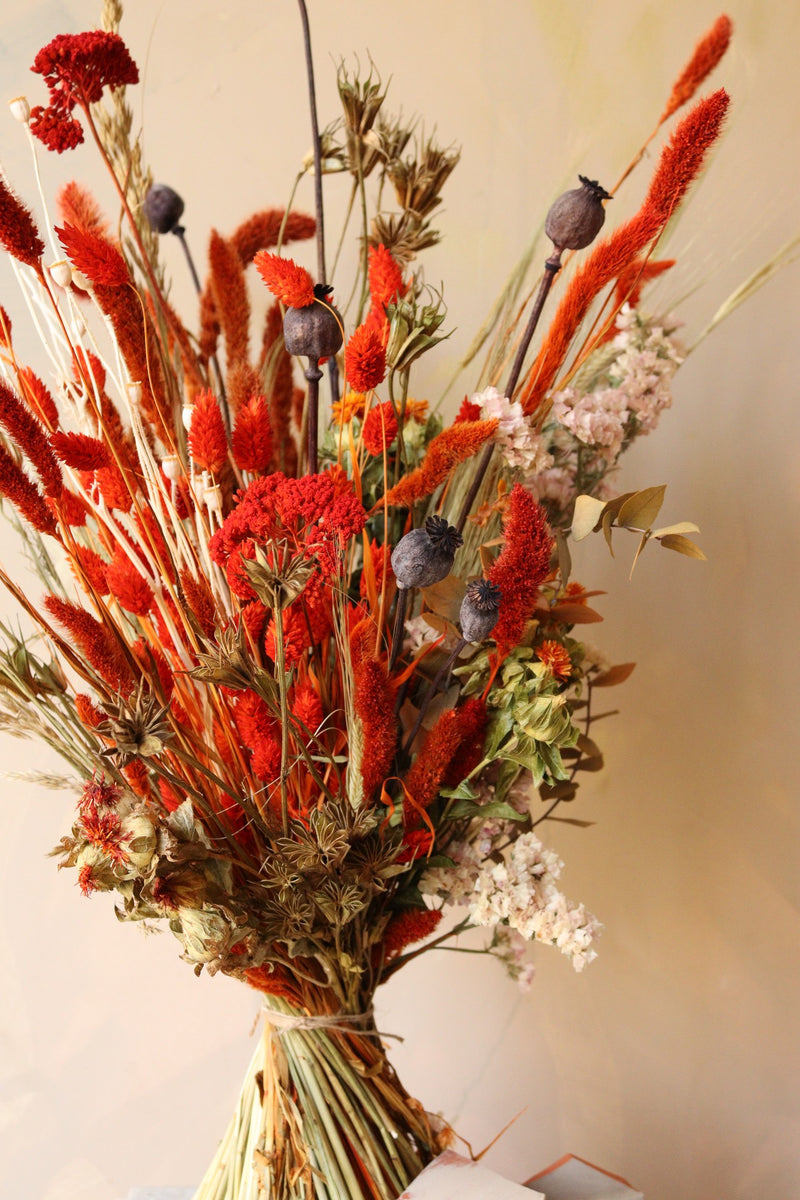  Close up photograph of burnt orange dried flower bouquet in stylish wild arrangements. Strong colours and styles with grasses, poppyseed and statice.